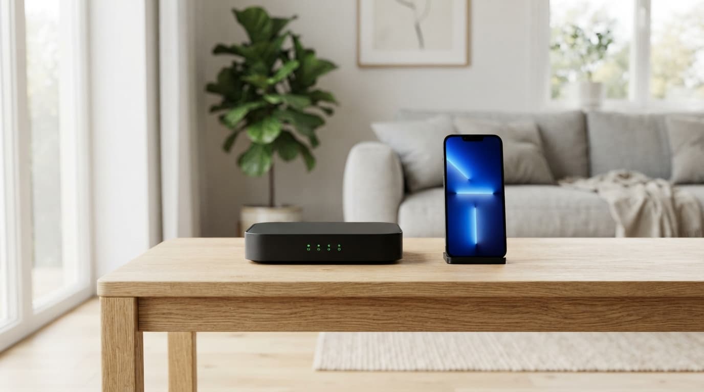 Une box internet et un smartphone dans un salon lumineux